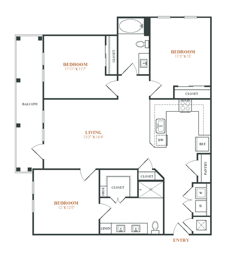 a floor plan of a 1 bedroom apartment with 1 bath